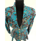 All That Jazz 90s black button up peplum blazer with teal paisley print