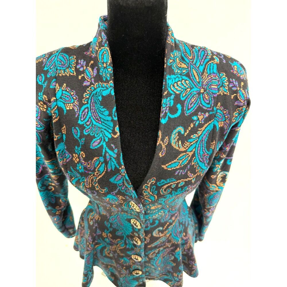 All That Jazz 90s black button up peplum blazer with teal paisley print