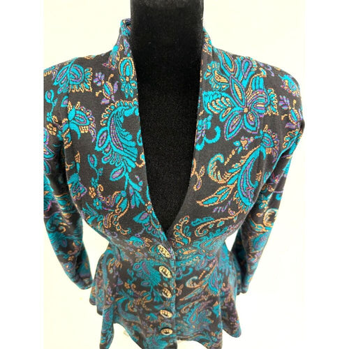 All That Jazz 90s black button up peplum blazer with teal paisley print