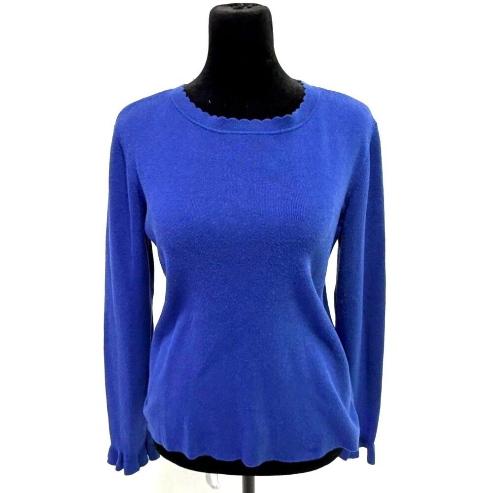 Halogen royal blue scalloped crew neck cotton blend sweater