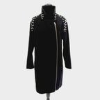 H&M black wool studded shoulder long moto jacket
