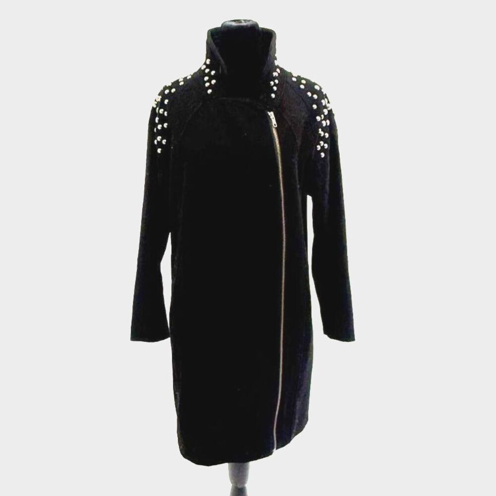 H&M black wool studded shoulder long moto jacket