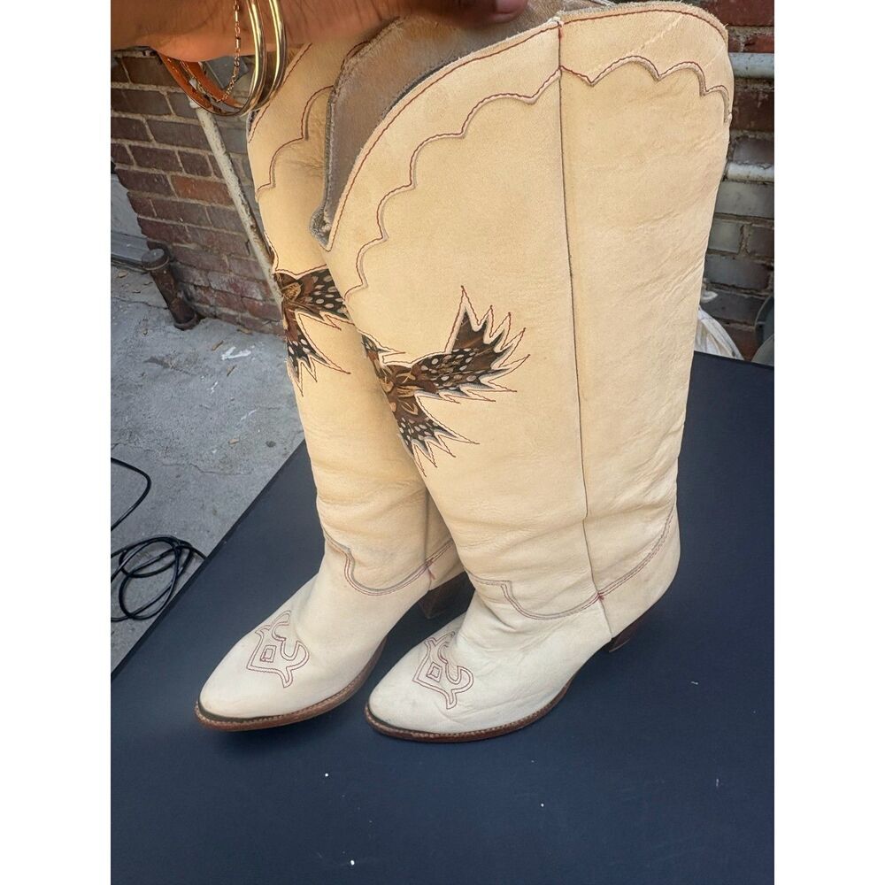 VTG Zodiac USA Phoenix 1970's Western 3.5'' Heel Boots Feather Inlays Size 6.5 W