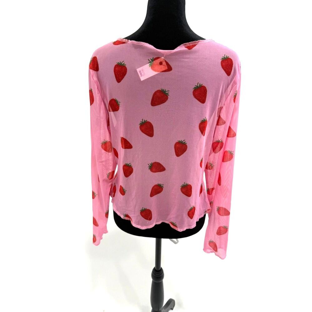 pink strawberry print long sleeve sheer mesh top