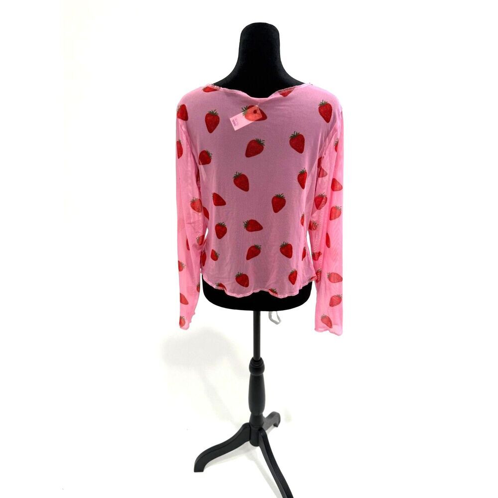 pink strawberry print long sleeve sheer mesh top