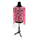 pink strawberry print long sleeve sheer mesh top