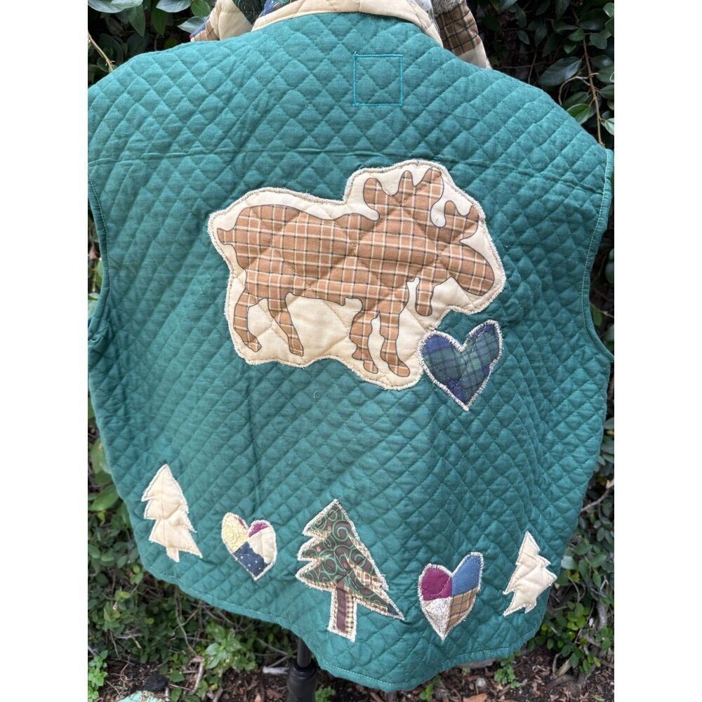 Upcycled Blanket Full Zip Vest - Green quilted critters