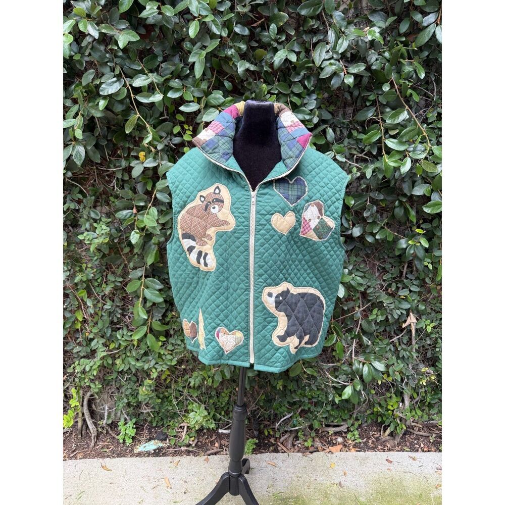 Upcycled Blanket Full Zip Vest - Green quilted critters