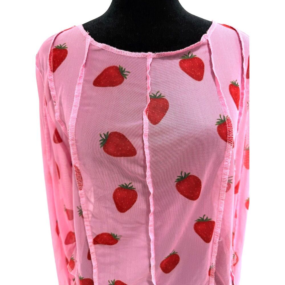 pink strawberry print long sleeve sheer mesh top