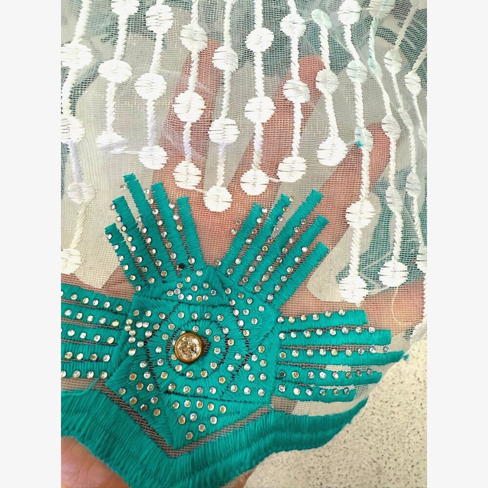 Vintage 60s teal & white occasion midi w/ shoulder cut out, peplum, jeweled