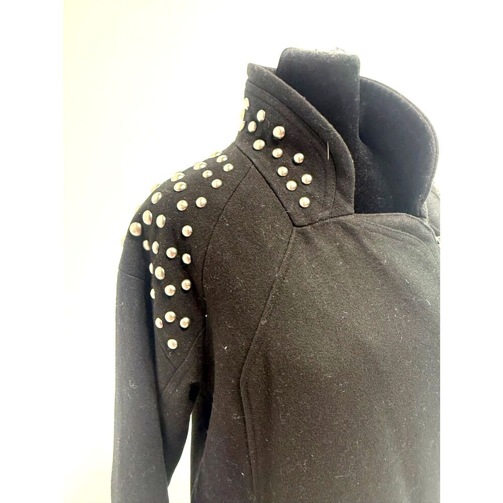 H&M black wool studded shoulder long moto jacket
