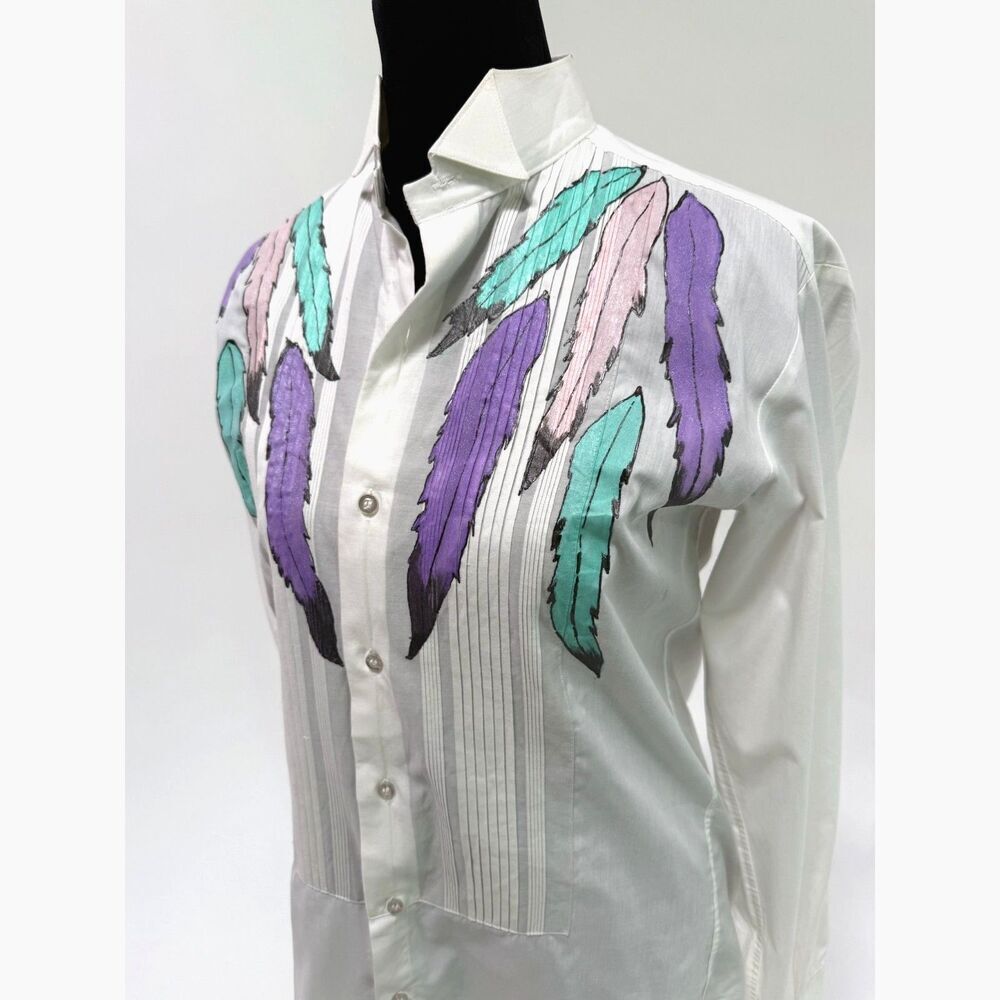 Milroys After 6 vintage hand painted feather tux shirt