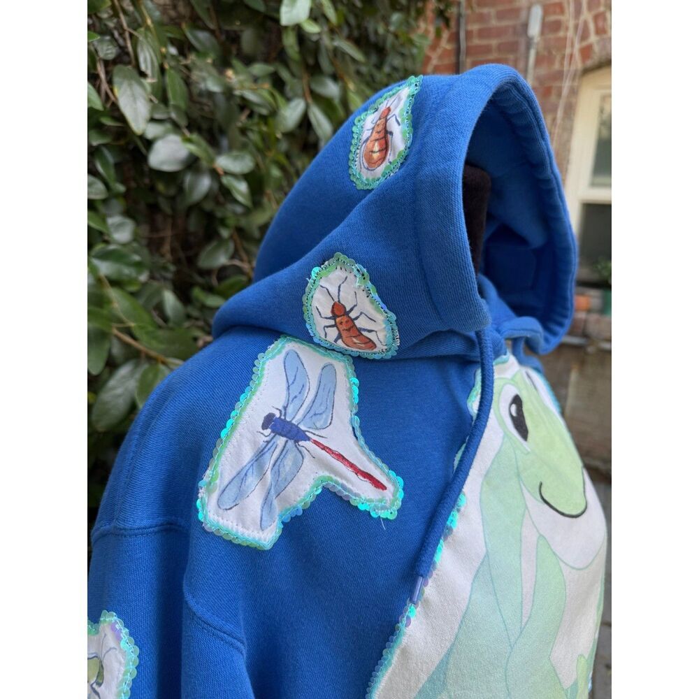 Upcycled Hoodie - Frog & Bug Appliqué