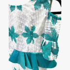 Vintage 60s teal & white occasion midi w/ shoulder cut out, peplum, jeweled