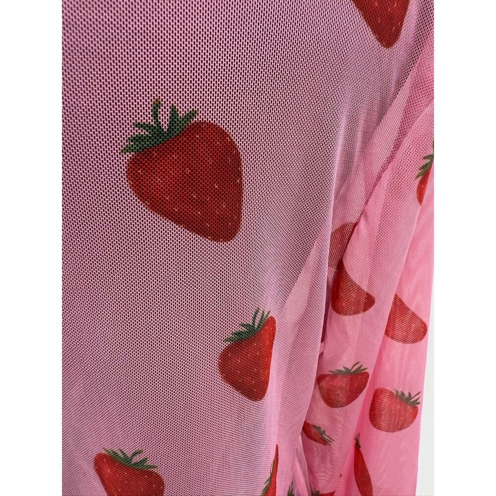 pink strawberry print long sleeve sheer mesh top