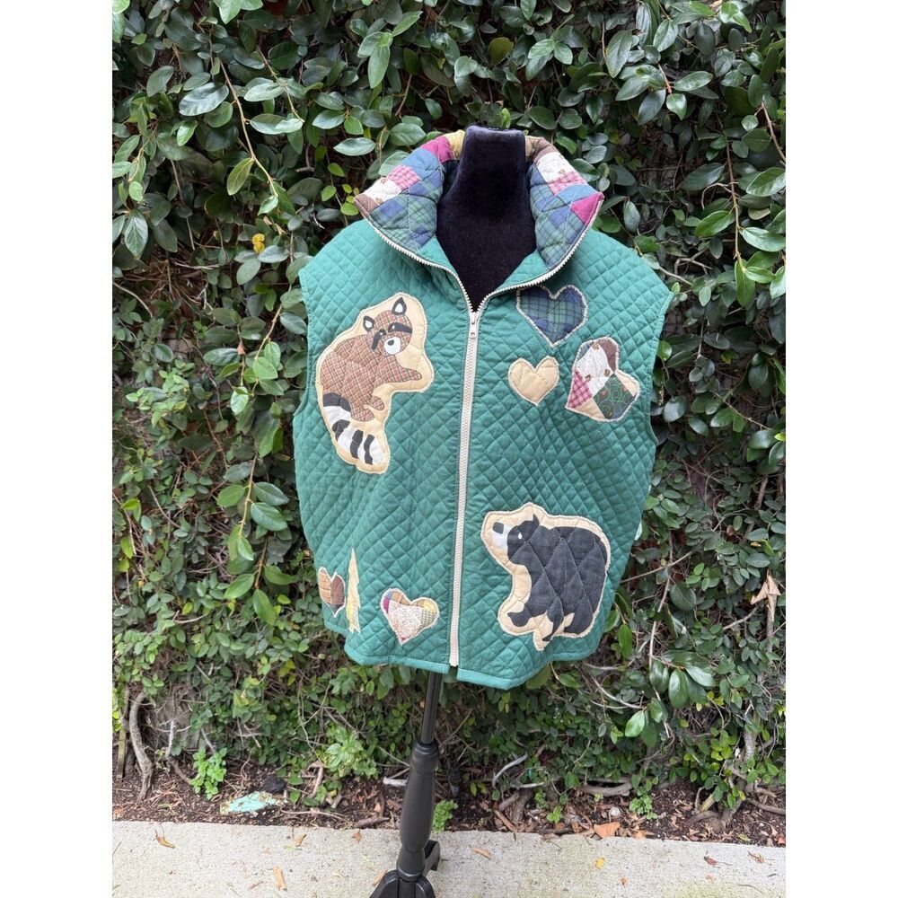 Upcycled Blanket Full Zip Vest - Green quilted critters