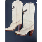VTG Zodiac USA Phoenix 1970's Western 3.5'' Heel Boots Feather Inlays Size 6.5 W