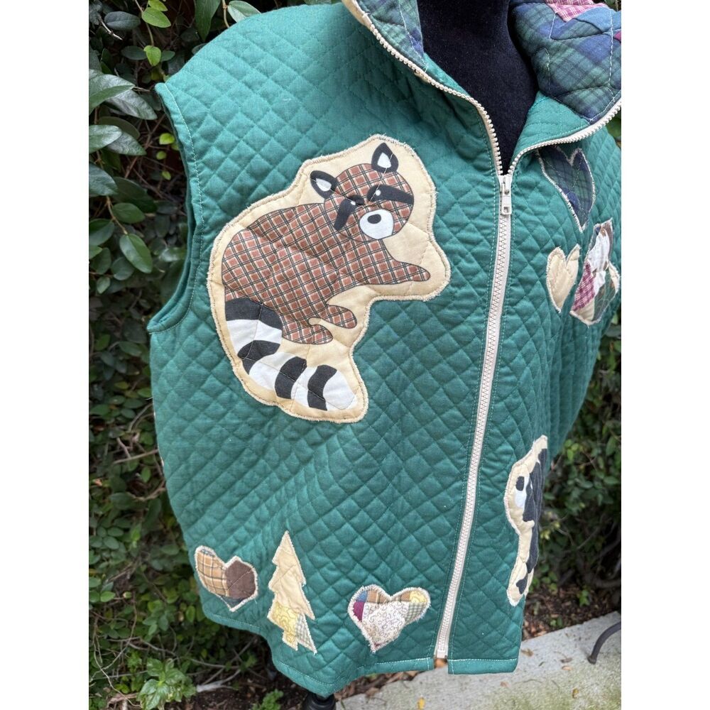 Upcycled Blanket Full Zip Vest - Green quilted critters