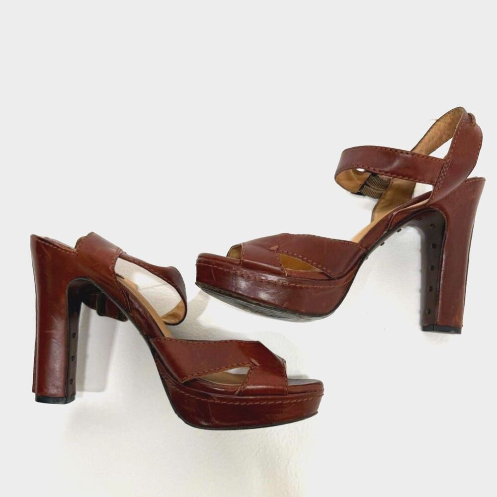 Frye Samantha Seam brown leather ankle strap platform heel sandal