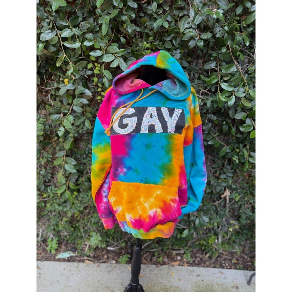 Upcycled Tie Dye Hoodie - Gay appliqué