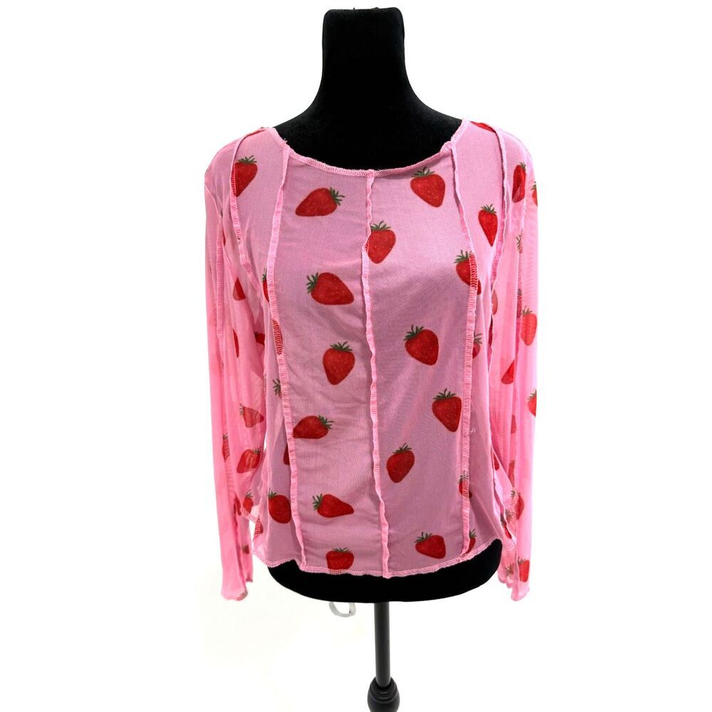 pink strawberry print long sleeve sheer mesh top