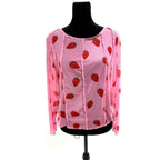 pink strawberry print long sleeve sheer mesh top