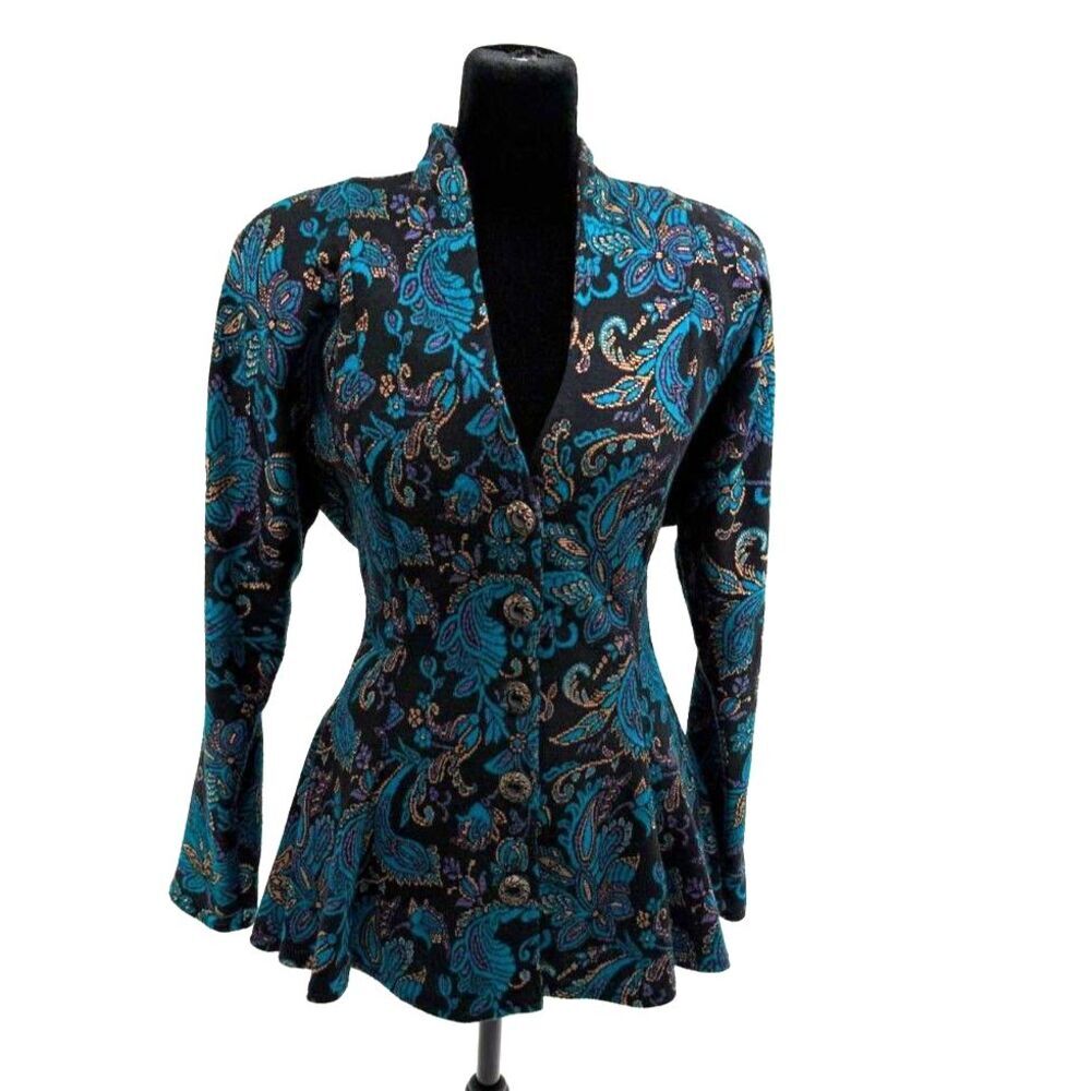 All That Jazz 90s black button up peplum blazer with teal paisley print