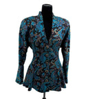 All That Jazz 90s black button up peplum blazer with teal paisley print