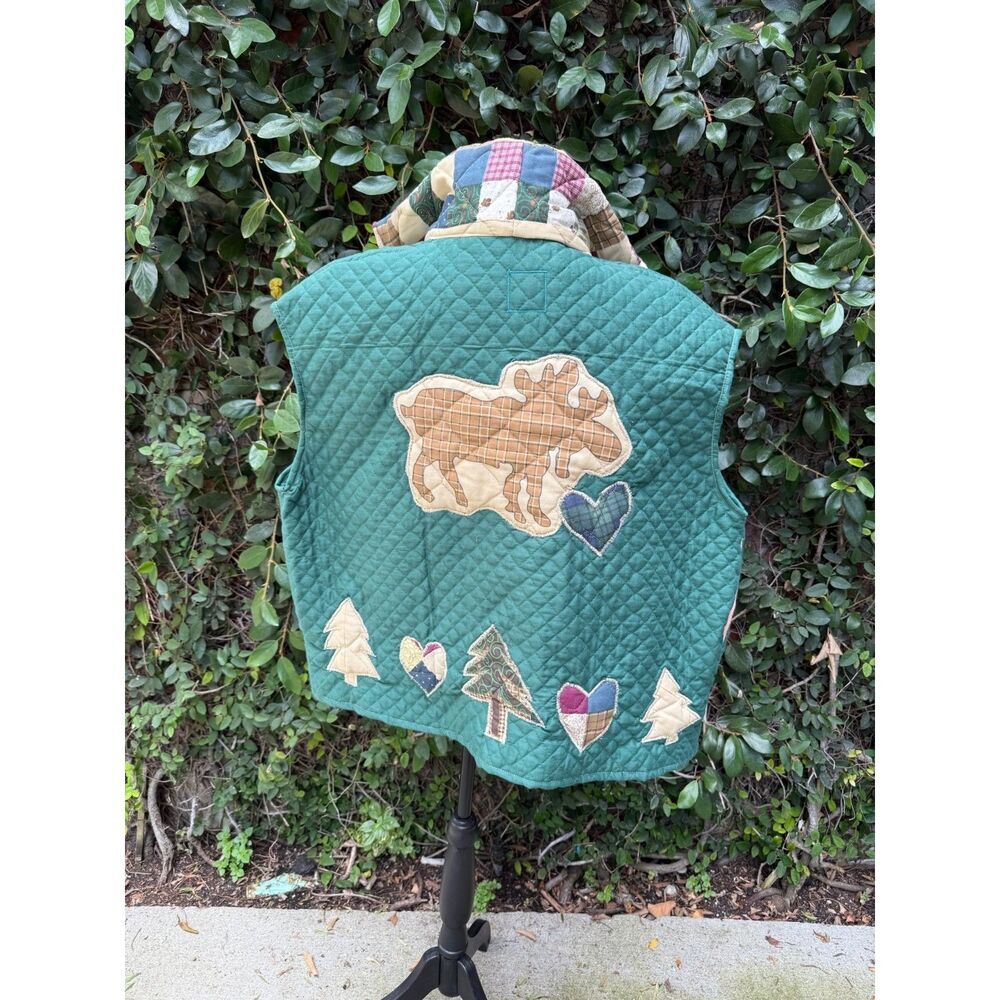 Upcycled Blanket Full Zip Vest - Green quilted critters