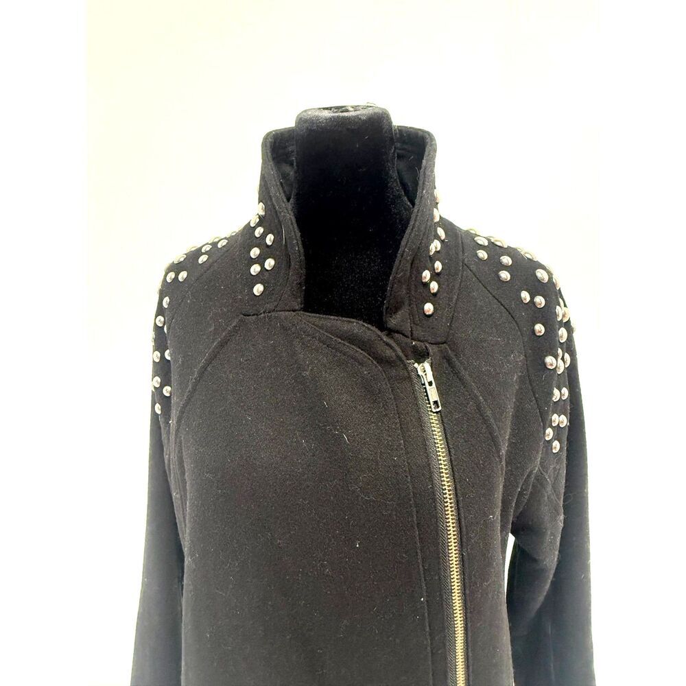 H&M black wool studded shoulder long moto jacket