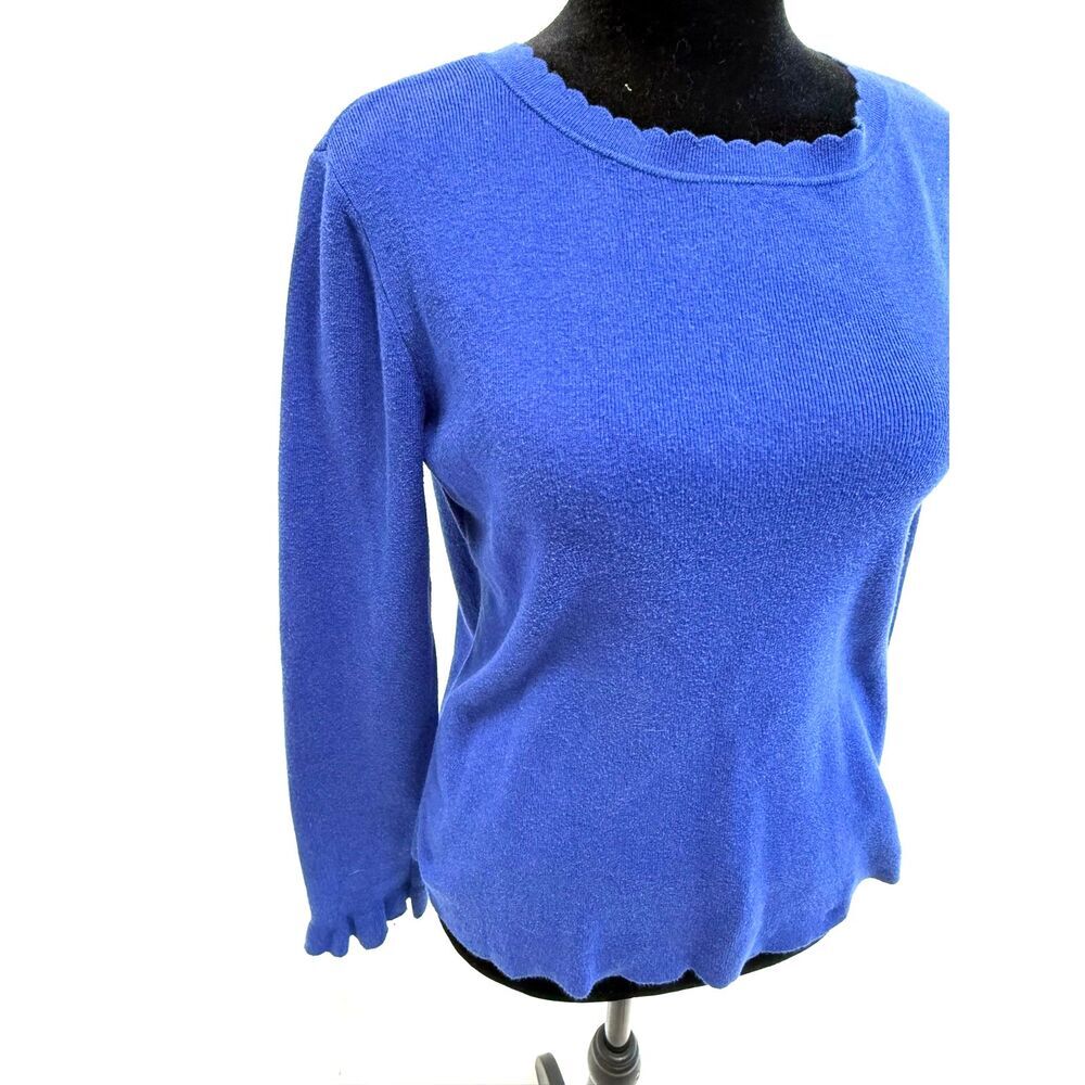Halogen royal blue scalloped crew neck cotton blend sweater