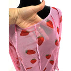 pink strawberry print long sleeve sheer mesh top