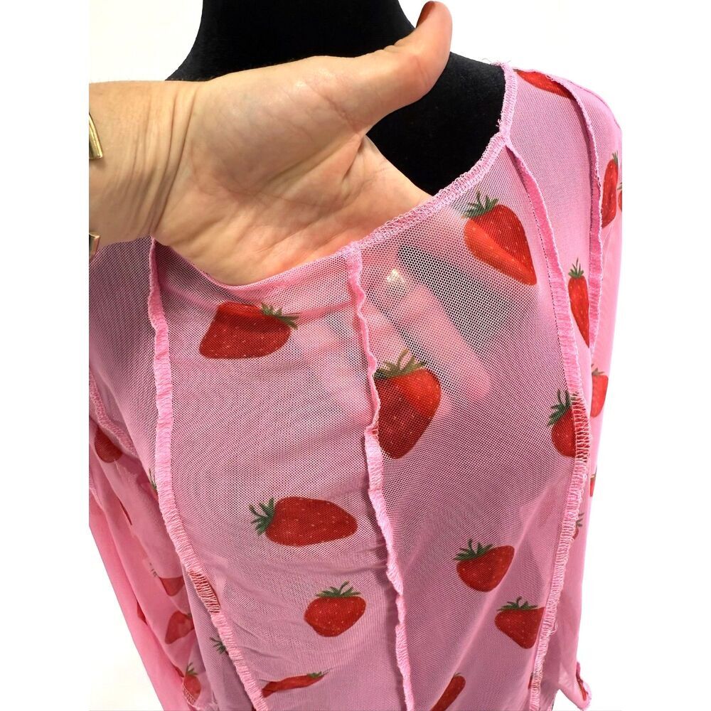 pink strawberry print long sleeve sheer mesh top