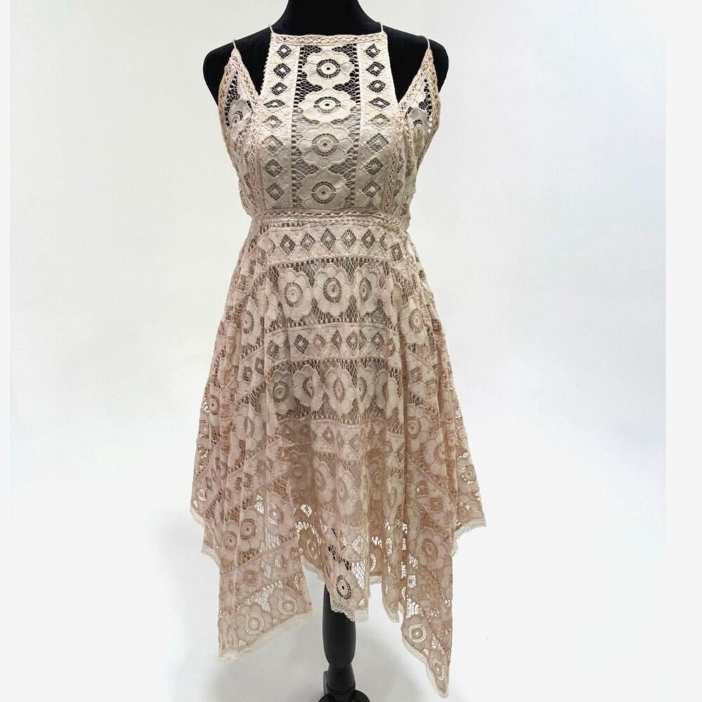 Free People cream lace halter asym knee length strappy open back sundress