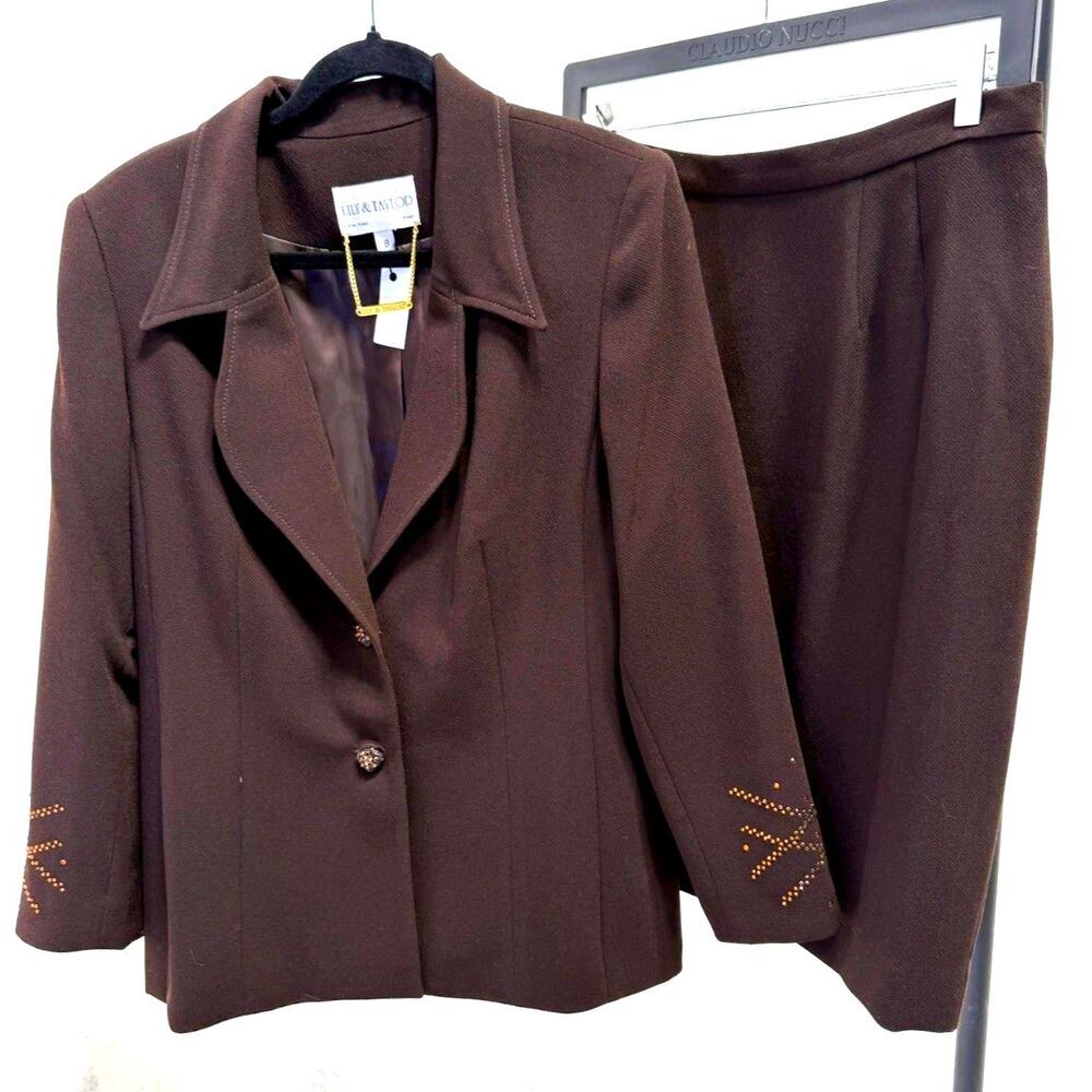 Lily & Taylor Vintage Made in USA brown embellished skirt suit set