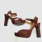 Frye Samantha Seam brown leather ankle strap platform heel sandal