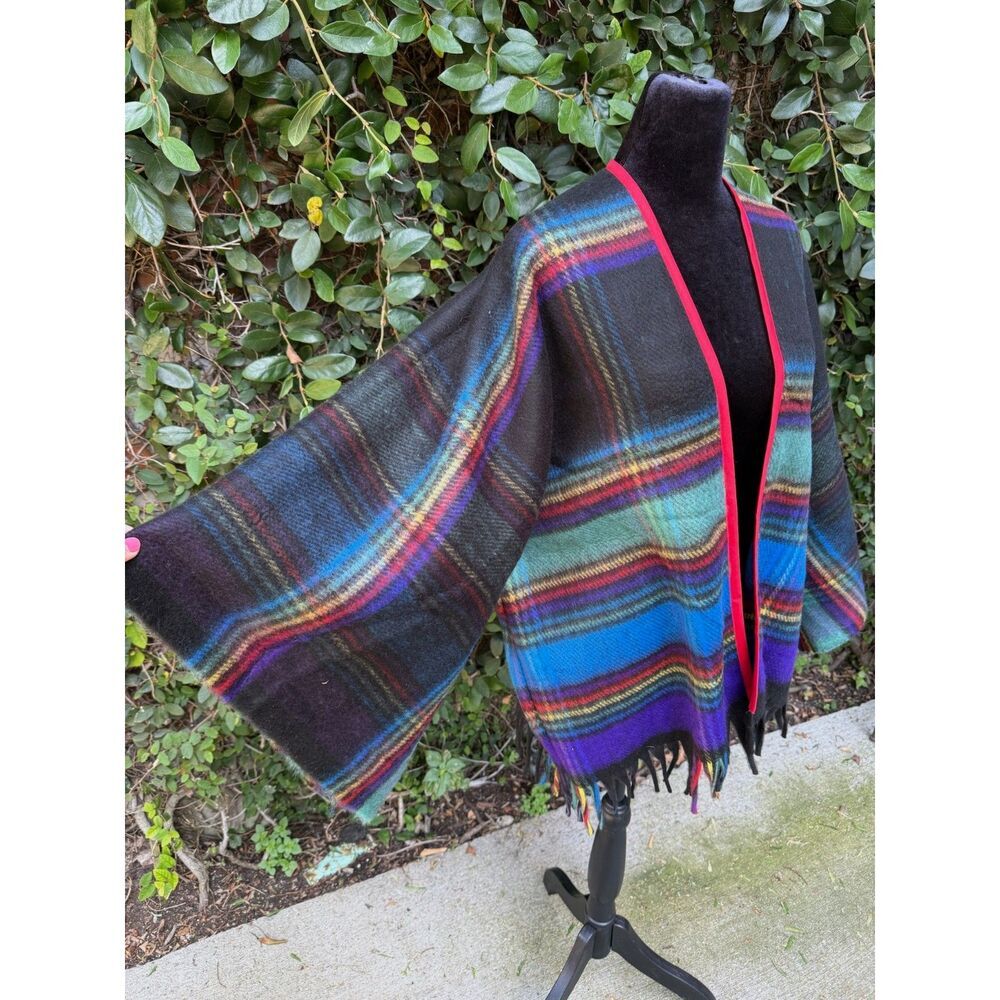 Upcycled Throw Blanket Kimono - Rainbow Fringe