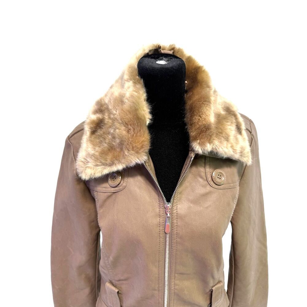Cavalini Taupe pleather trench coat with faux fur collar