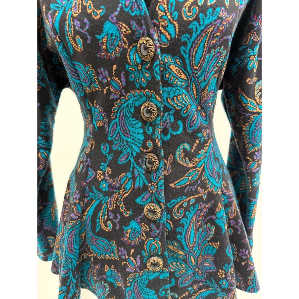 All That Jazz 90s black button up peplum blazer with teal paisley print