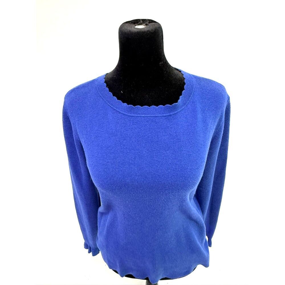 Halogen royal blue scalloped crew neck cotton blend sweater