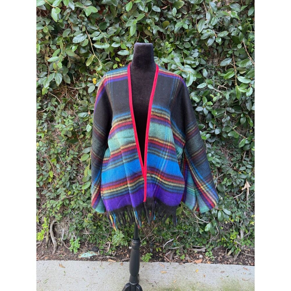 Upcycled Throw Blanket Kimono - Rainbow Fringe