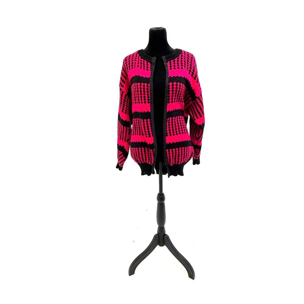 vintage hot pink & black stripe/houndstooth knitted cardigan