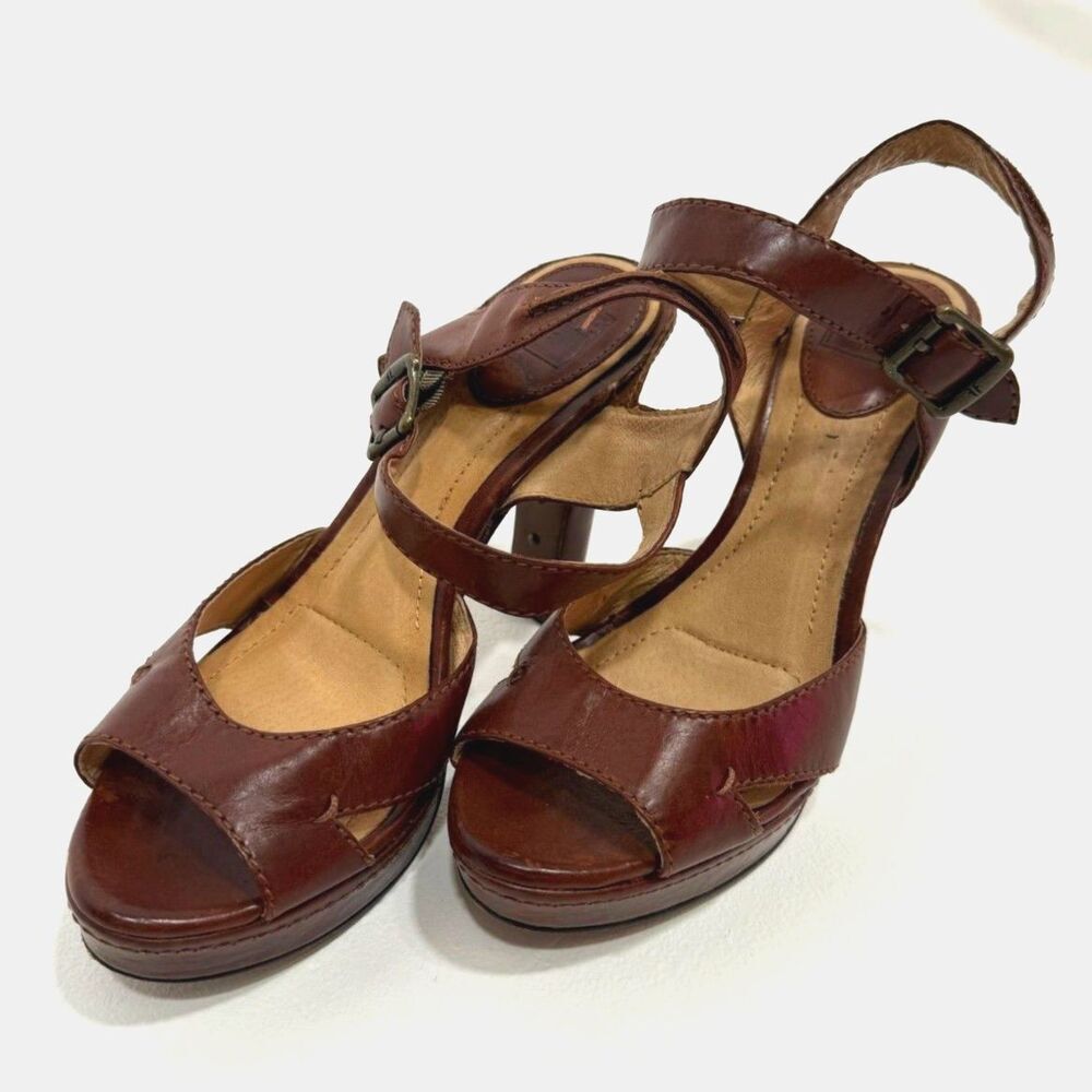 Frye Samantha Seam brown leather ankle strap platform heel sandal