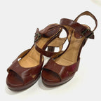 Frye Samantha Seam brown leather ankle strap platform heel sandal