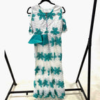 Vintage 60s teal & white occasion midi w/ shoulder cut out, peplum, jeweled