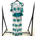 Vintage 60s teal & white occasion midi w/ shoulder cut out, peplum, jeweled