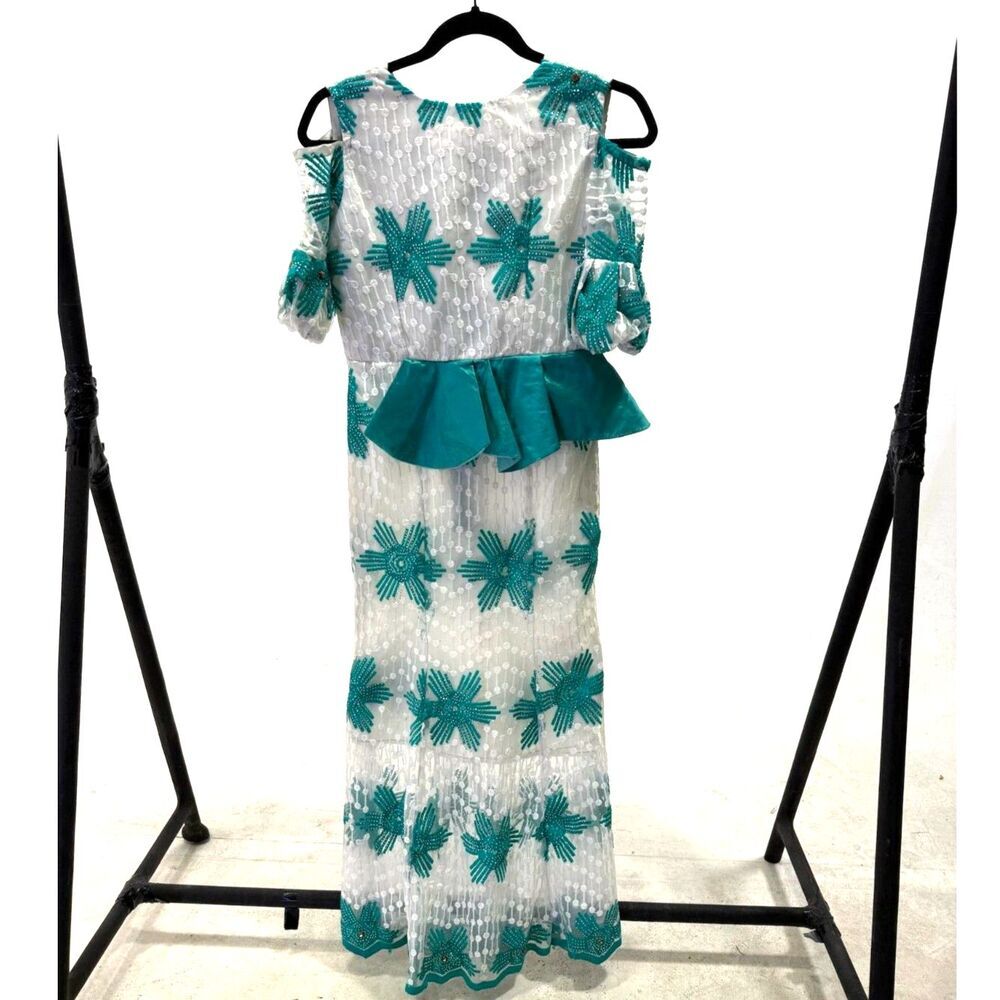 Vintage 60s teal & white occasion midi w/ shoulder cut out, peplum, jeweled