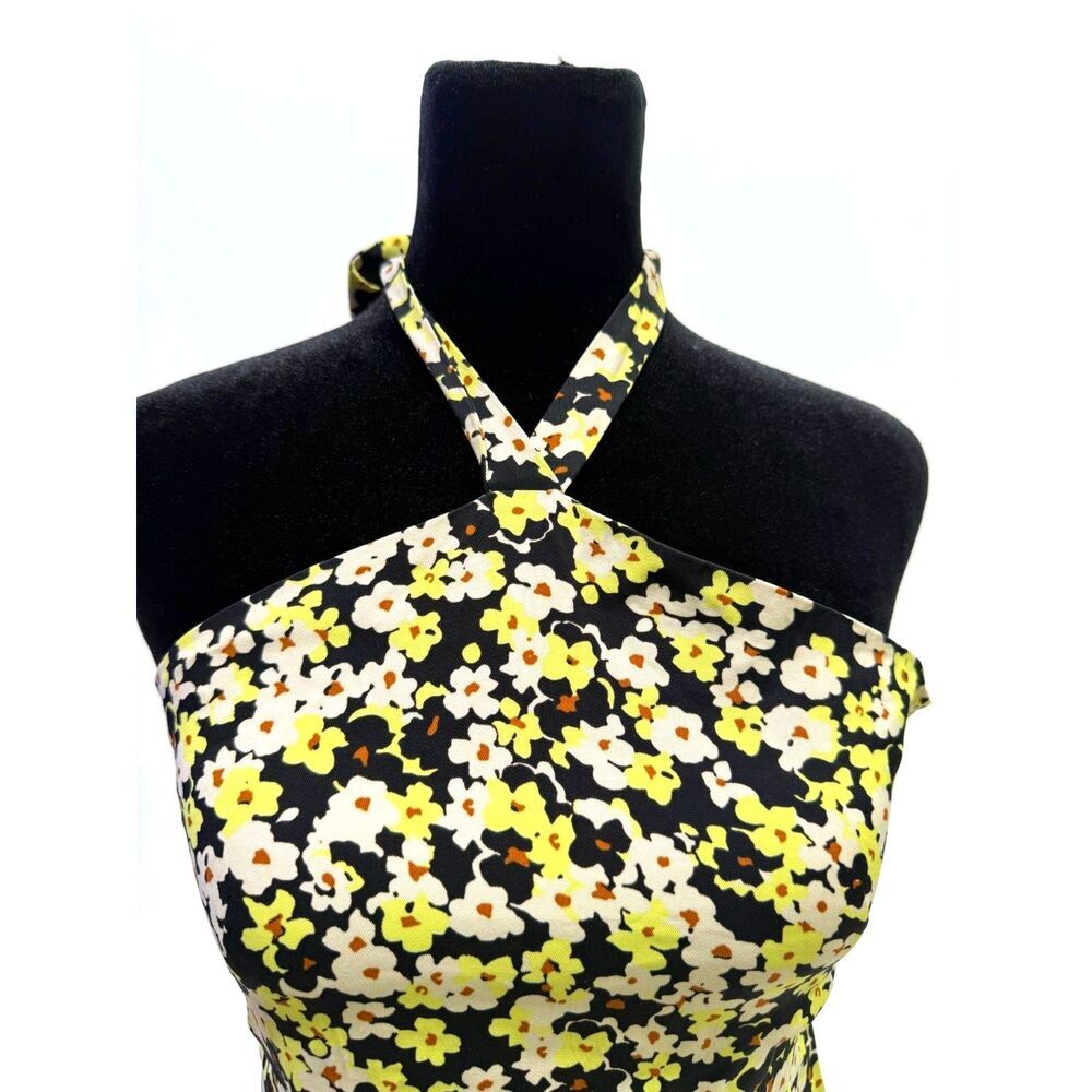 & Other Stories neon yellow black and white floral halter midi dress