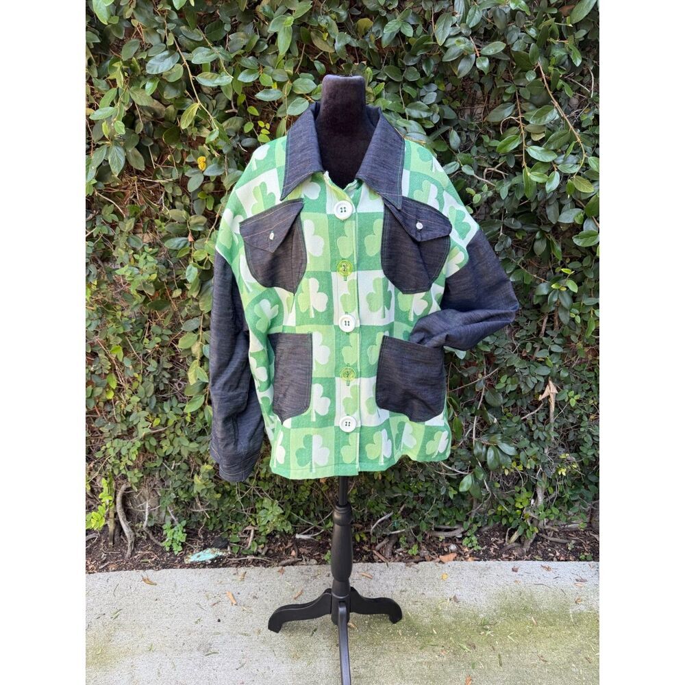 Upcycled Tablecloth Shacket - Shamrock & Denim