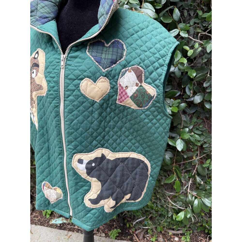Upcycled Blanket Full Zip Vest - Green quilted critters
